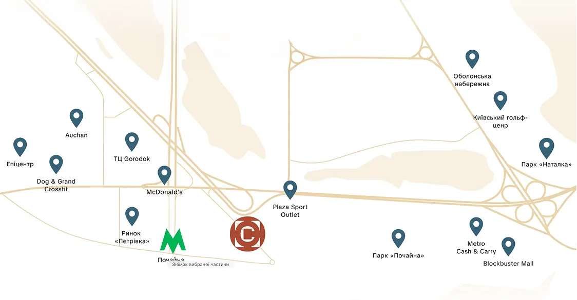 Схематична карта розташування Circle hotel & apartments з позначками сусідніх закладів: ТЦ Gorodok, McDonald's, ринку «Петрівка», метро, парків та торгових центрів.