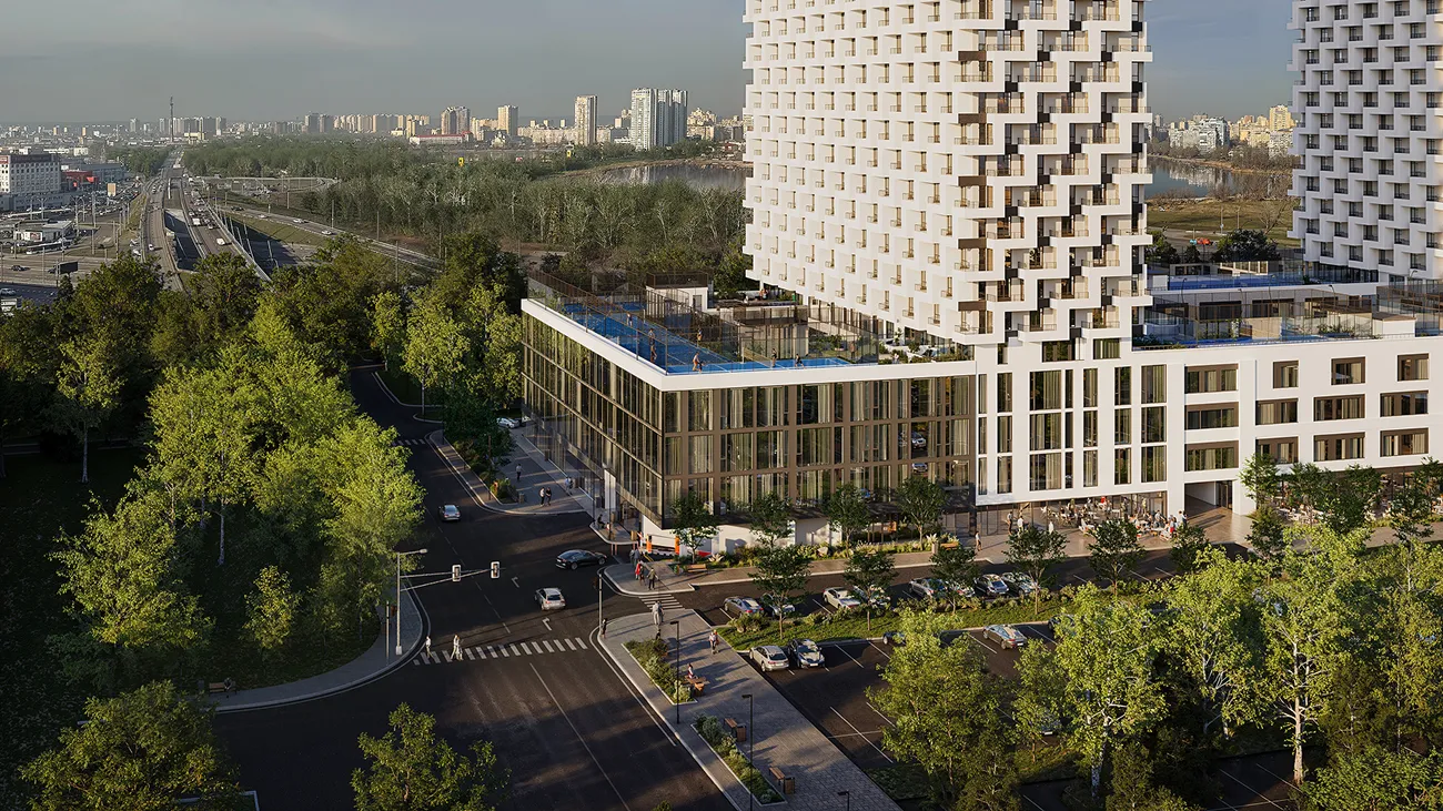 Вид на дах сучасного будинку з синім басейном для плавання, панорамою міста на горизонті, білою архітектурою з повторювальним рисунком балконів та зеленими рослинами.