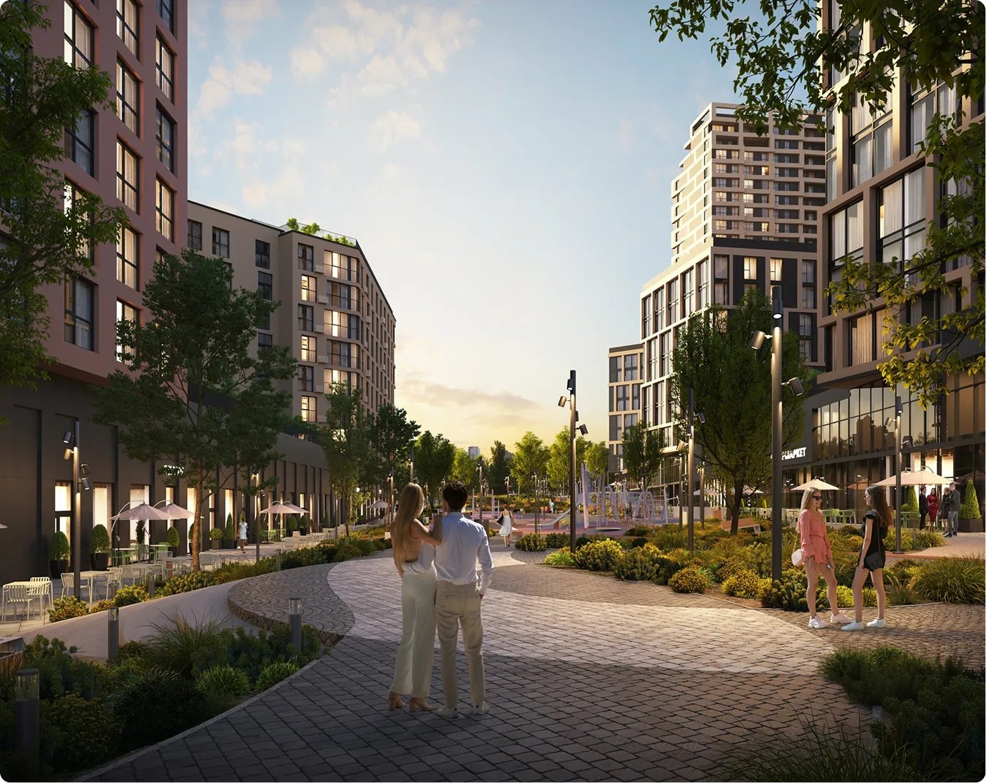 щаслива пара на фоні будинків